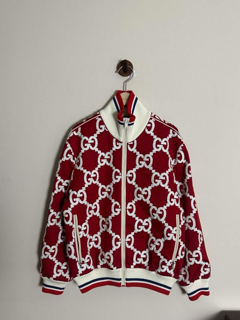 Authentic Gucci Red and White GG Zip-Up Jacket